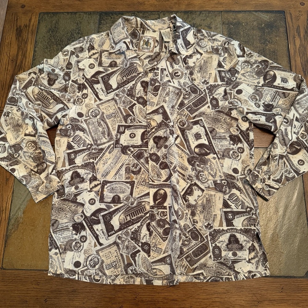 KRISS KROSS 100% Silk Top Button Down Preppy Shirt Brown Beige Money Print Sz 4